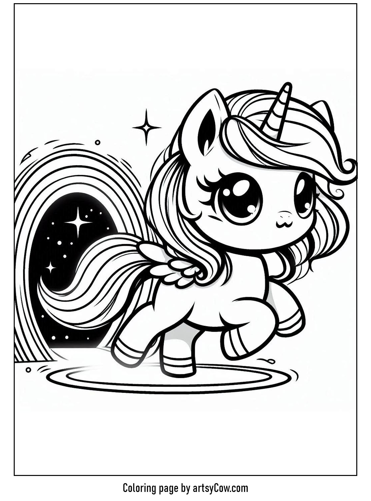 Halloween coloring pages with unicorn 2 featuring a cute unicorn stepping into a magical portal lined with twinkling stars.